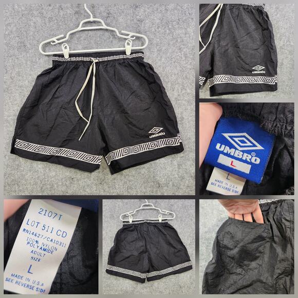 Vintage Umbro Shorts Mens Large Black Nylon Made in USA Soccer Geometric 90s - Picture 1 of 14